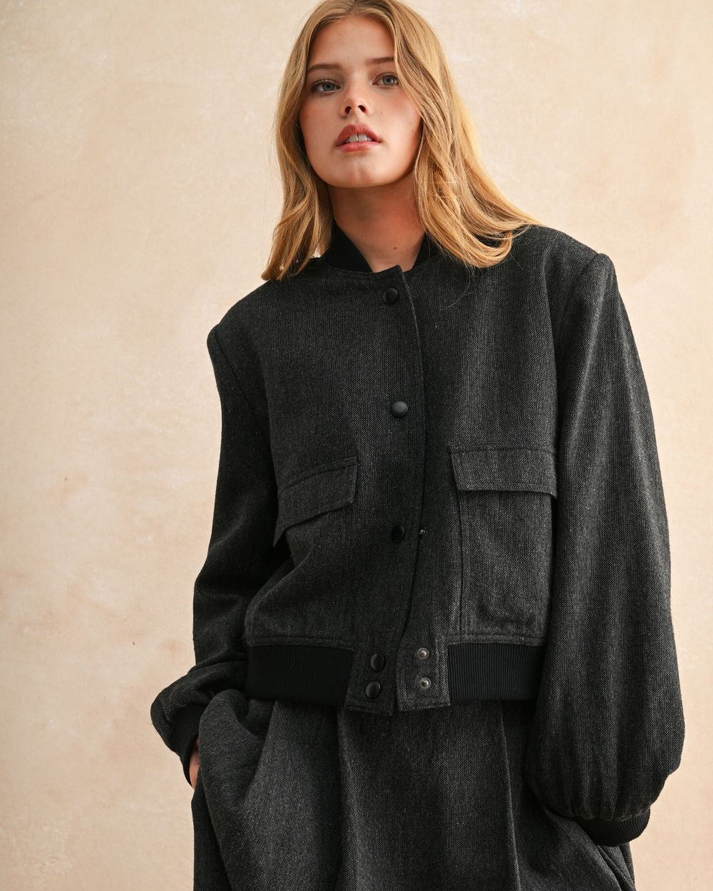 Charcoal Herringbone Bomber Jacket