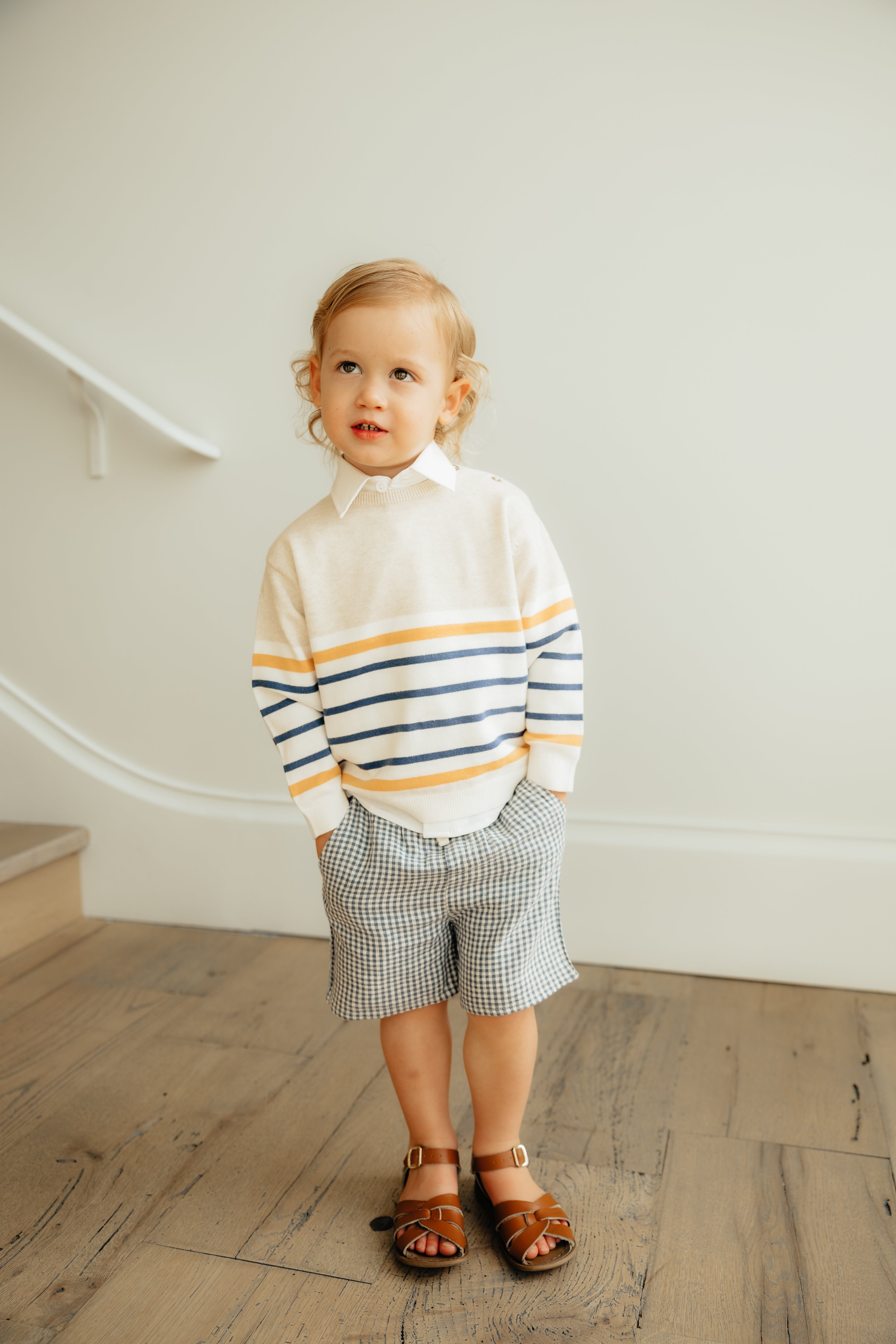Tan Crew Sweater with Navy Orange Stripe
