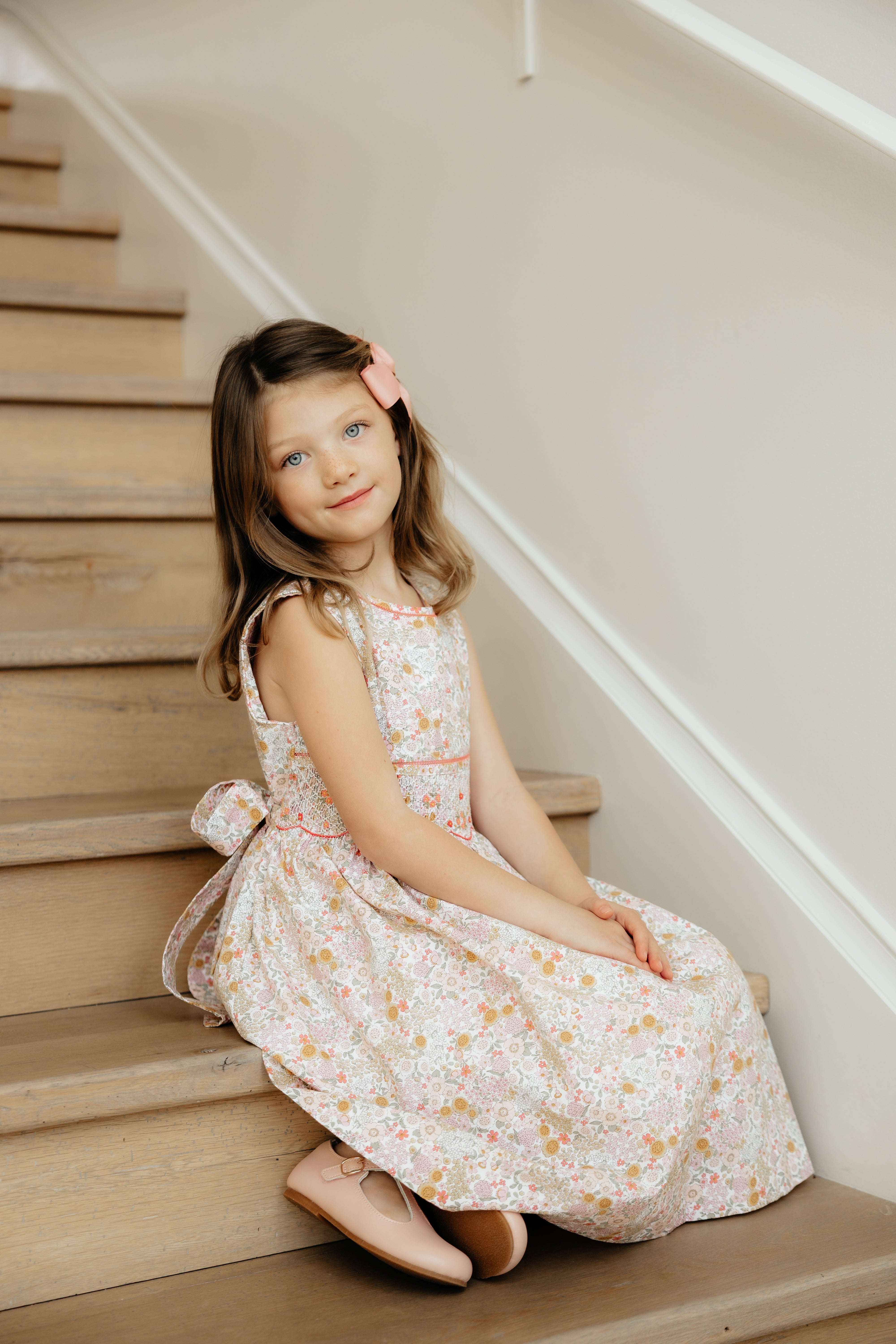 Pink Gold Print Smocked Dress