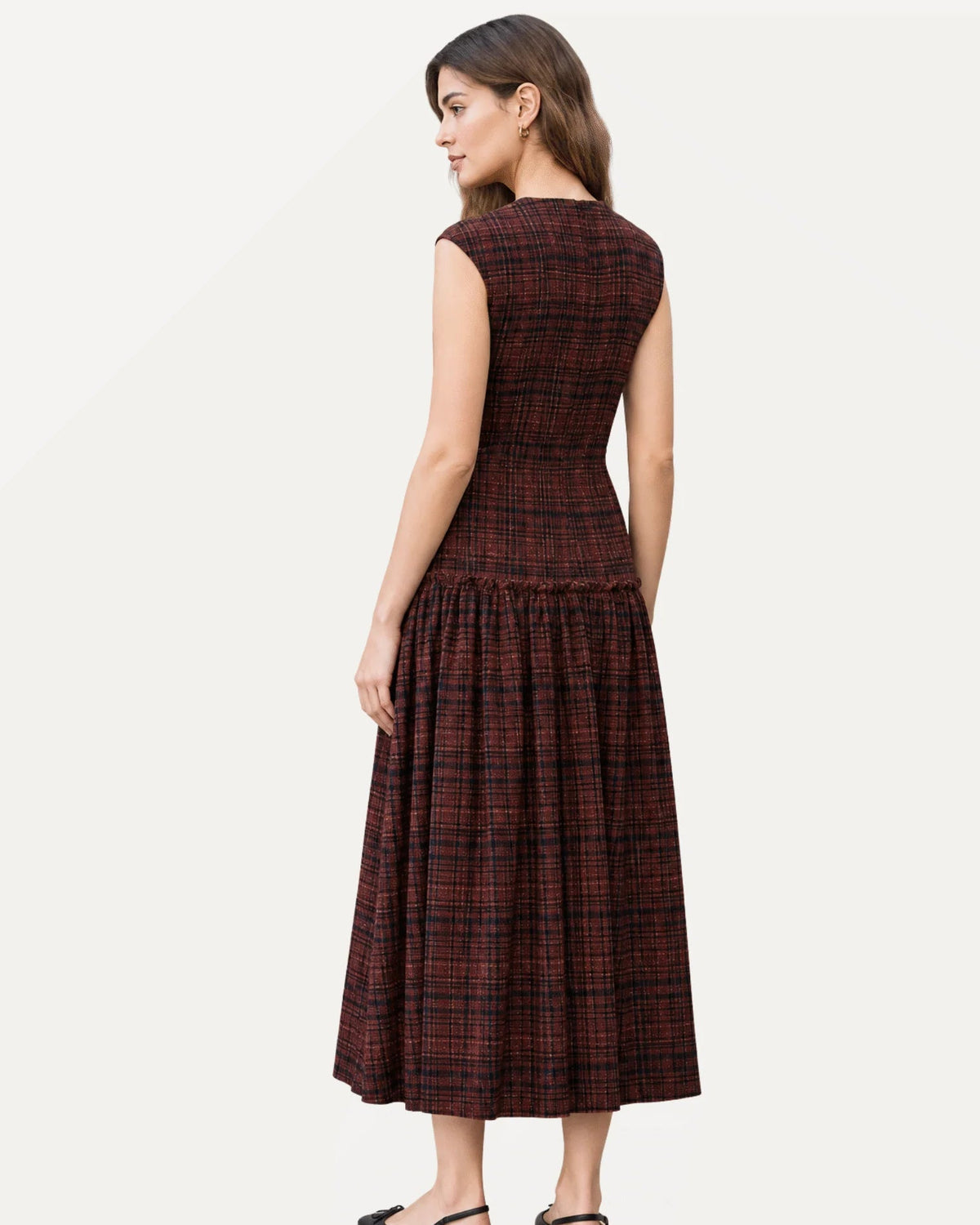 Brown Plaid Smocked Drop Waist Dress