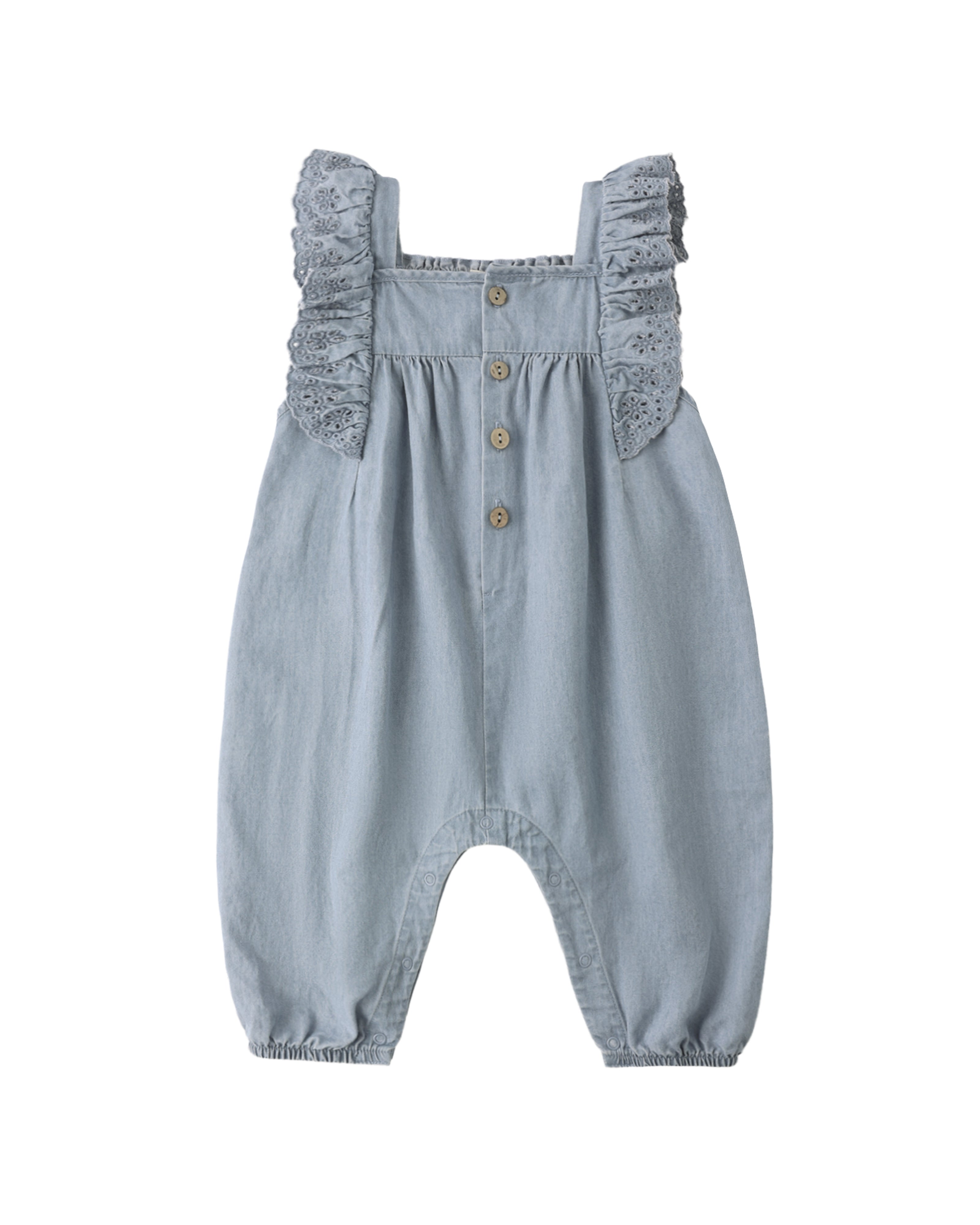 Quincy Mae Chambray Romper Eyelet Trim