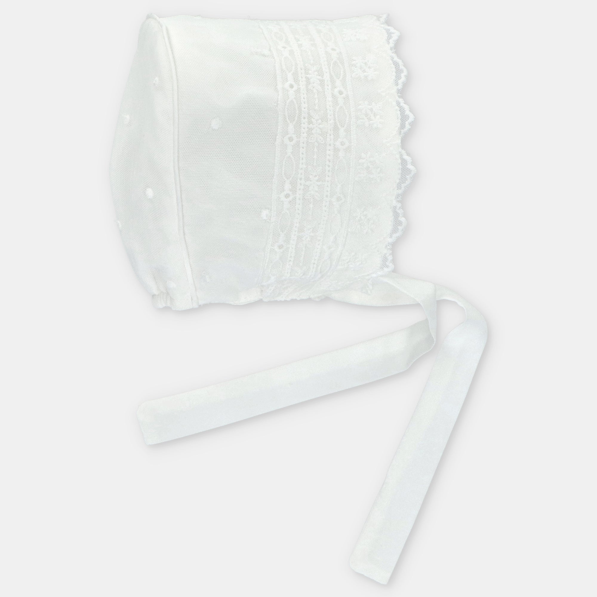 White Tulle Dot and Lace Bonnett