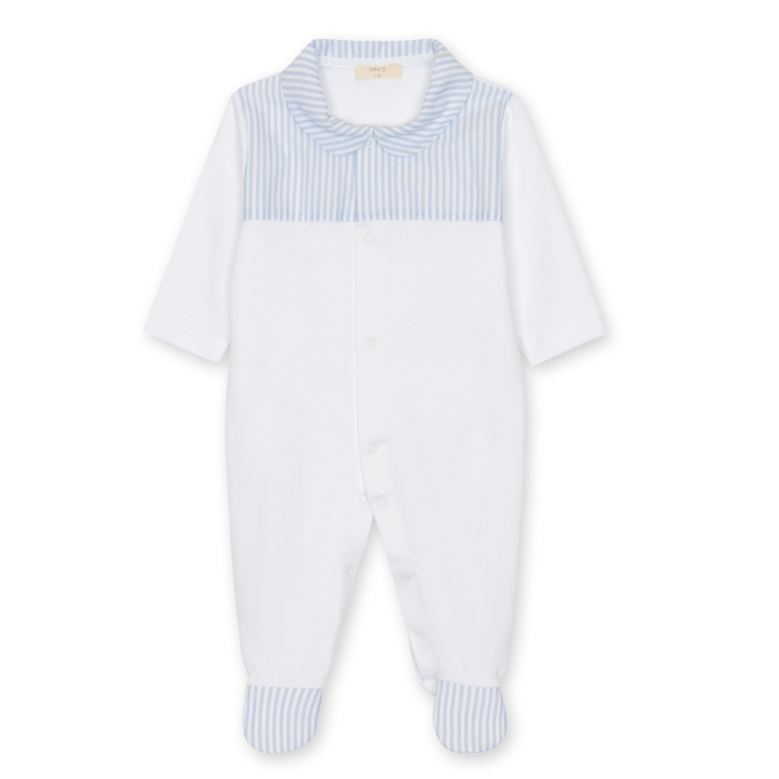 White Pima Footie with Oxford Stripe Yoke