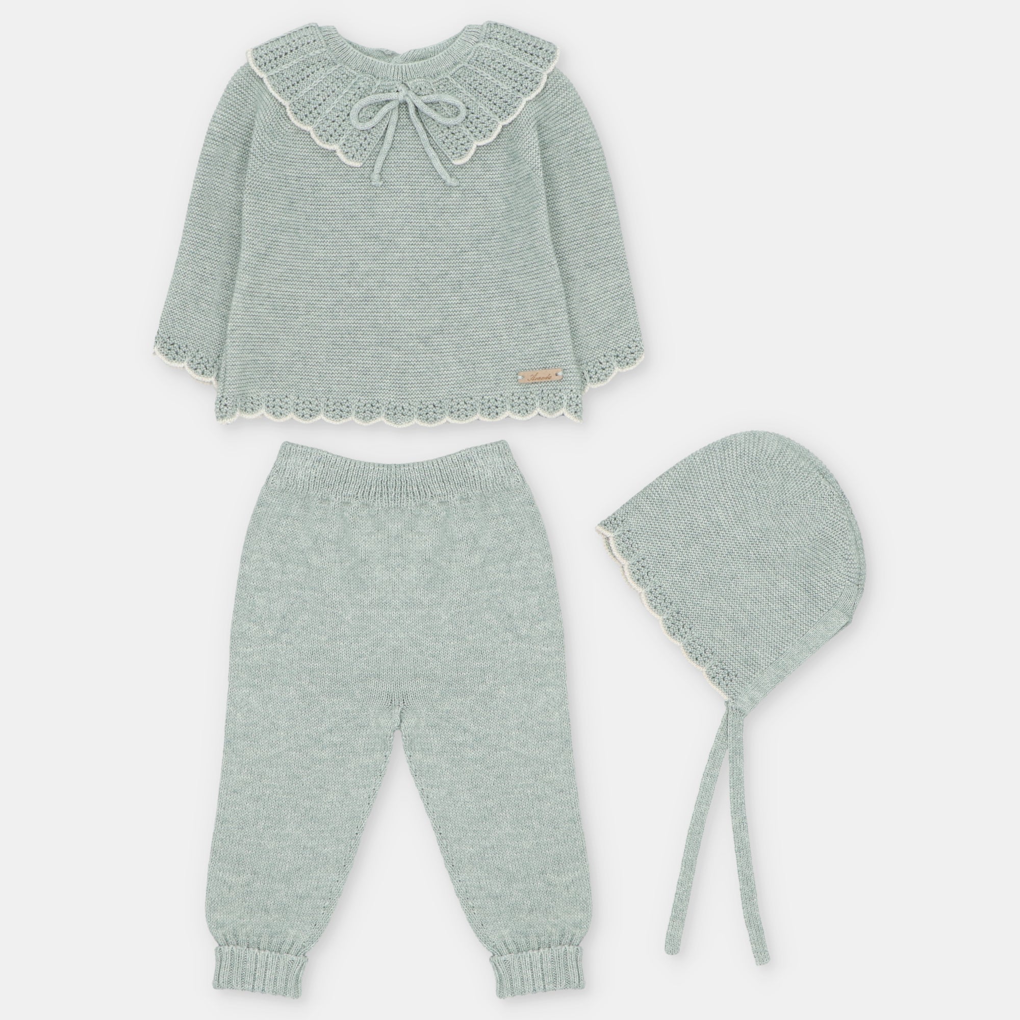 Sage Knitted Set Scallop Collar & Bonnett