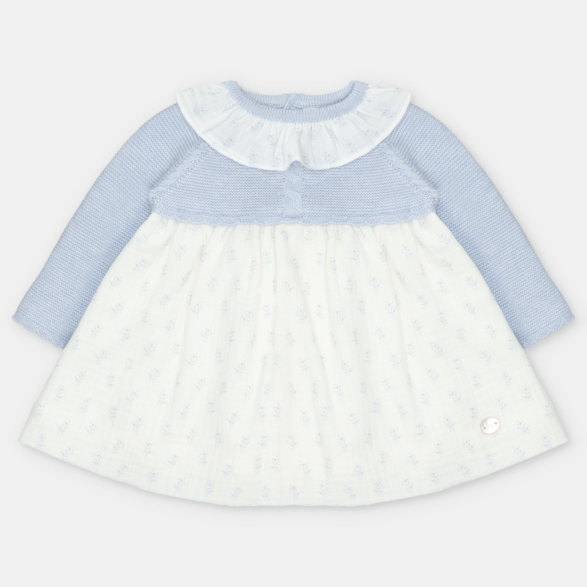 Light Blue Knit and Woven Leaf Print Dress
