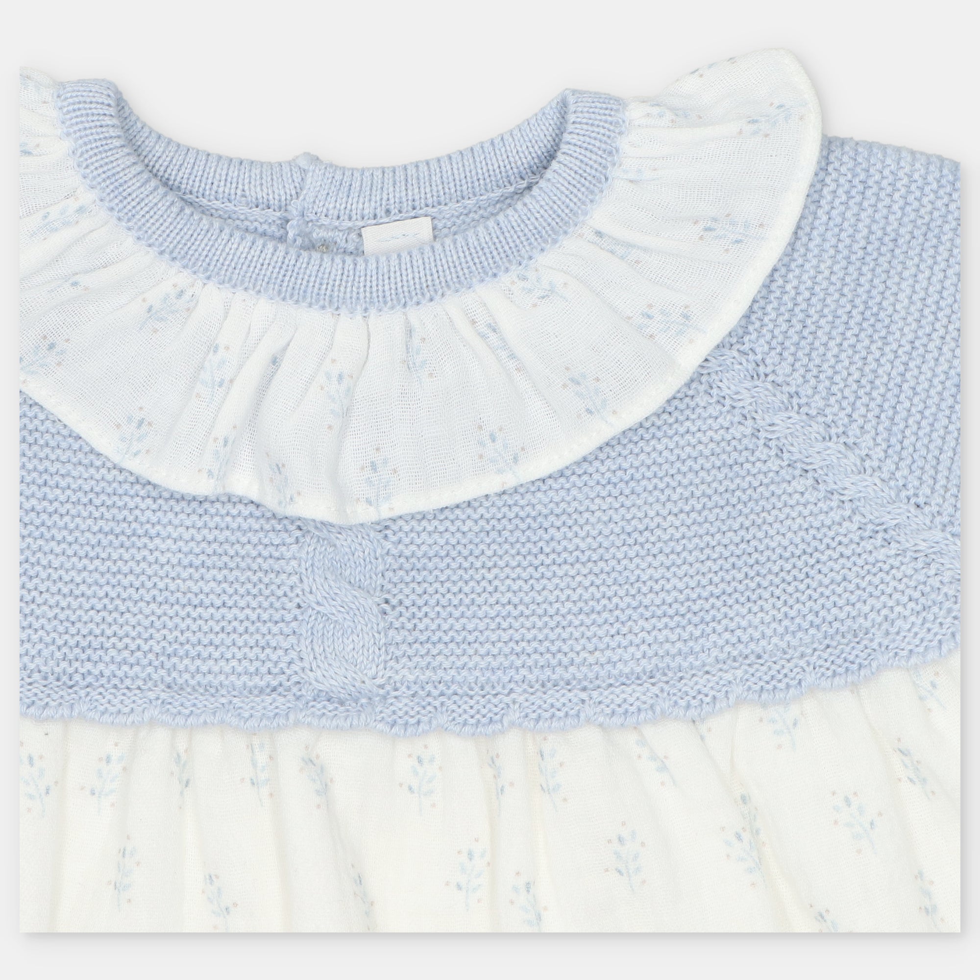 Light Blue Knit and Woven Leaf Print Dress