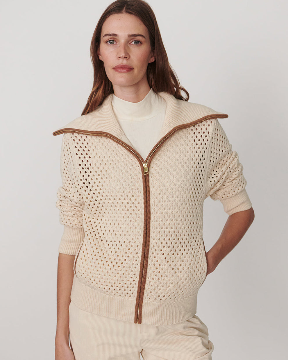 Varley Mesh Pointelle Knit Full Zip Sweater