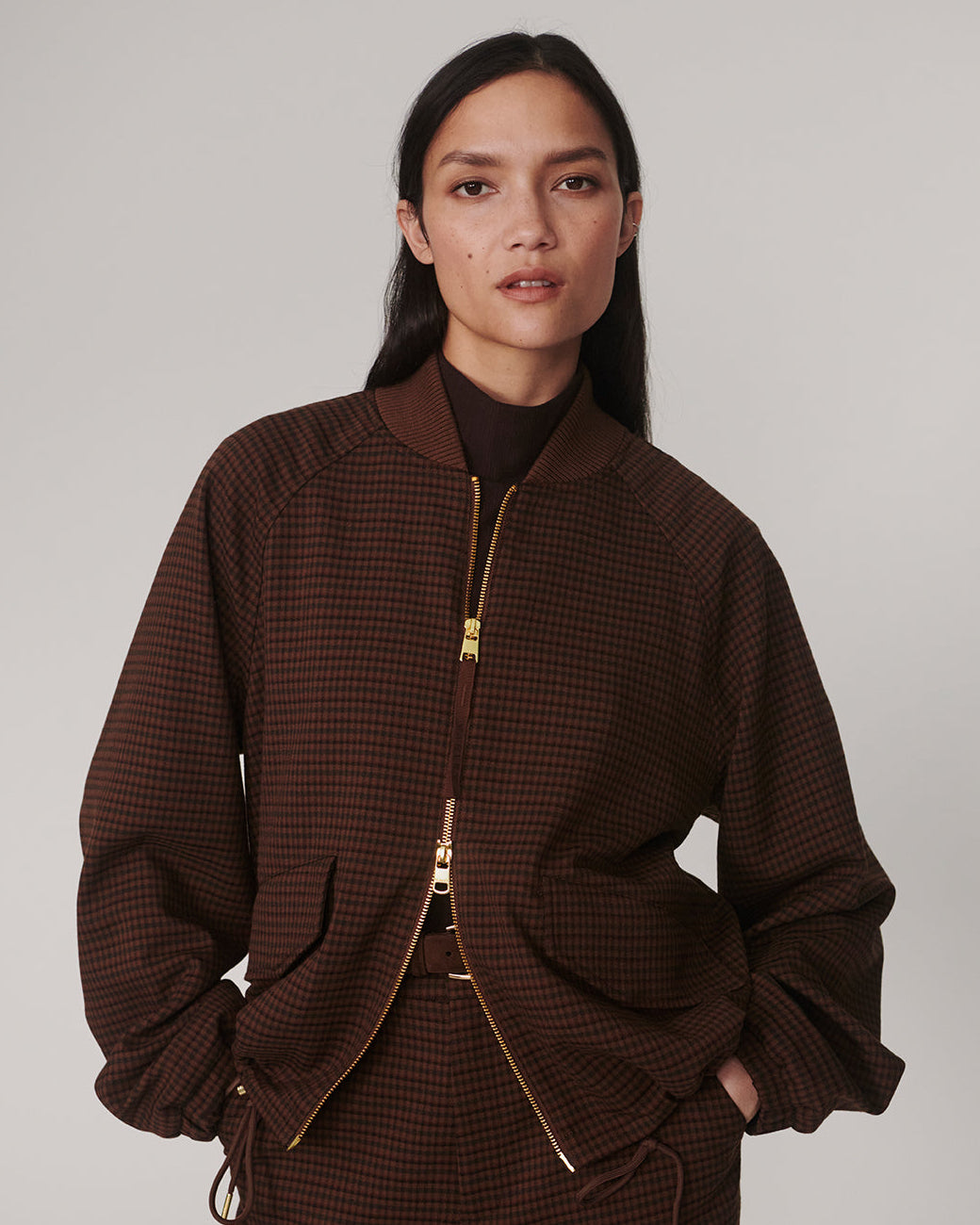 Varley Brown Check Bomber Jacket
