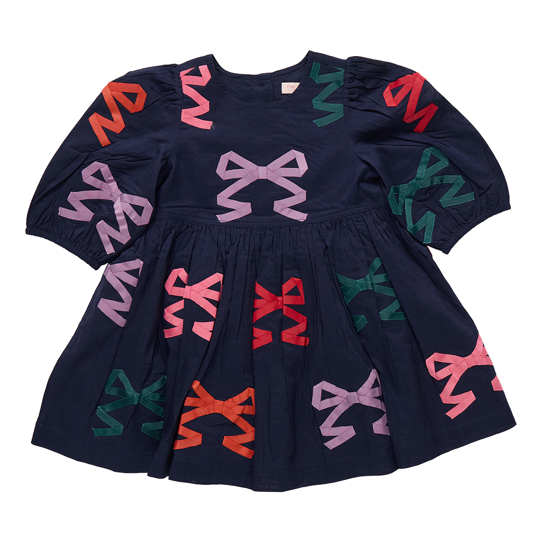 Girl's Pink Chicken Navy Dress with Embroidered Bows