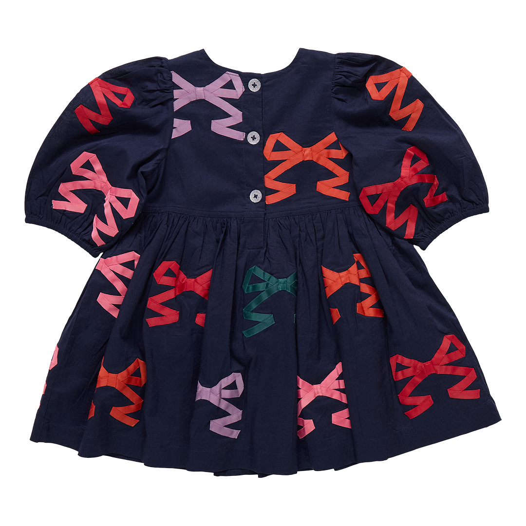 Girl's Pink Chicken Navy Dress with Embroidered Bows