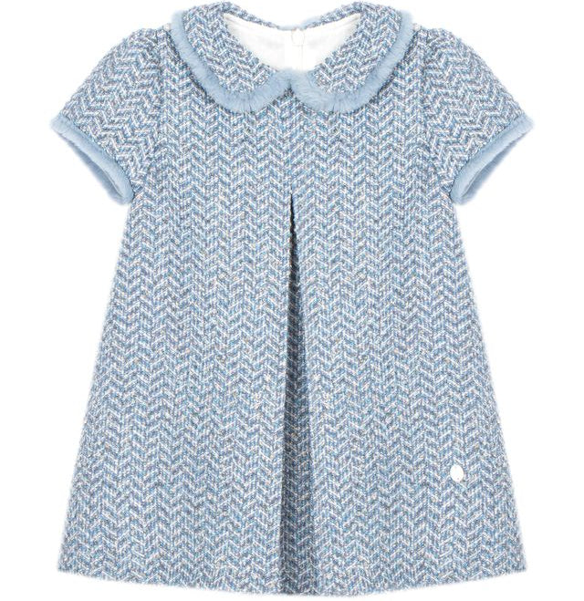 Blue Herringbone Dress Fur Trim