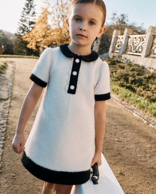 Ivory Boucle Dress Black Collar & Placket