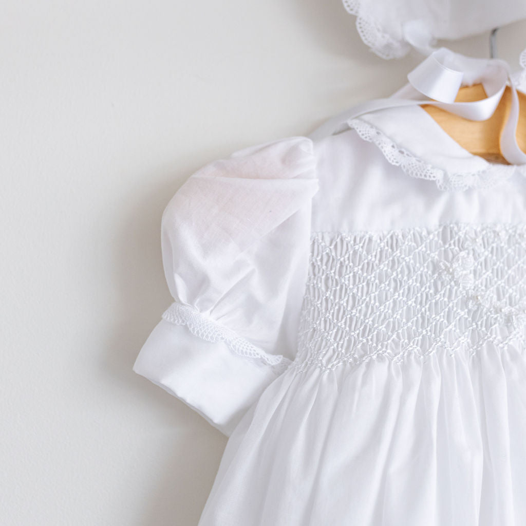 White Batiste Smocked Wreath Gown