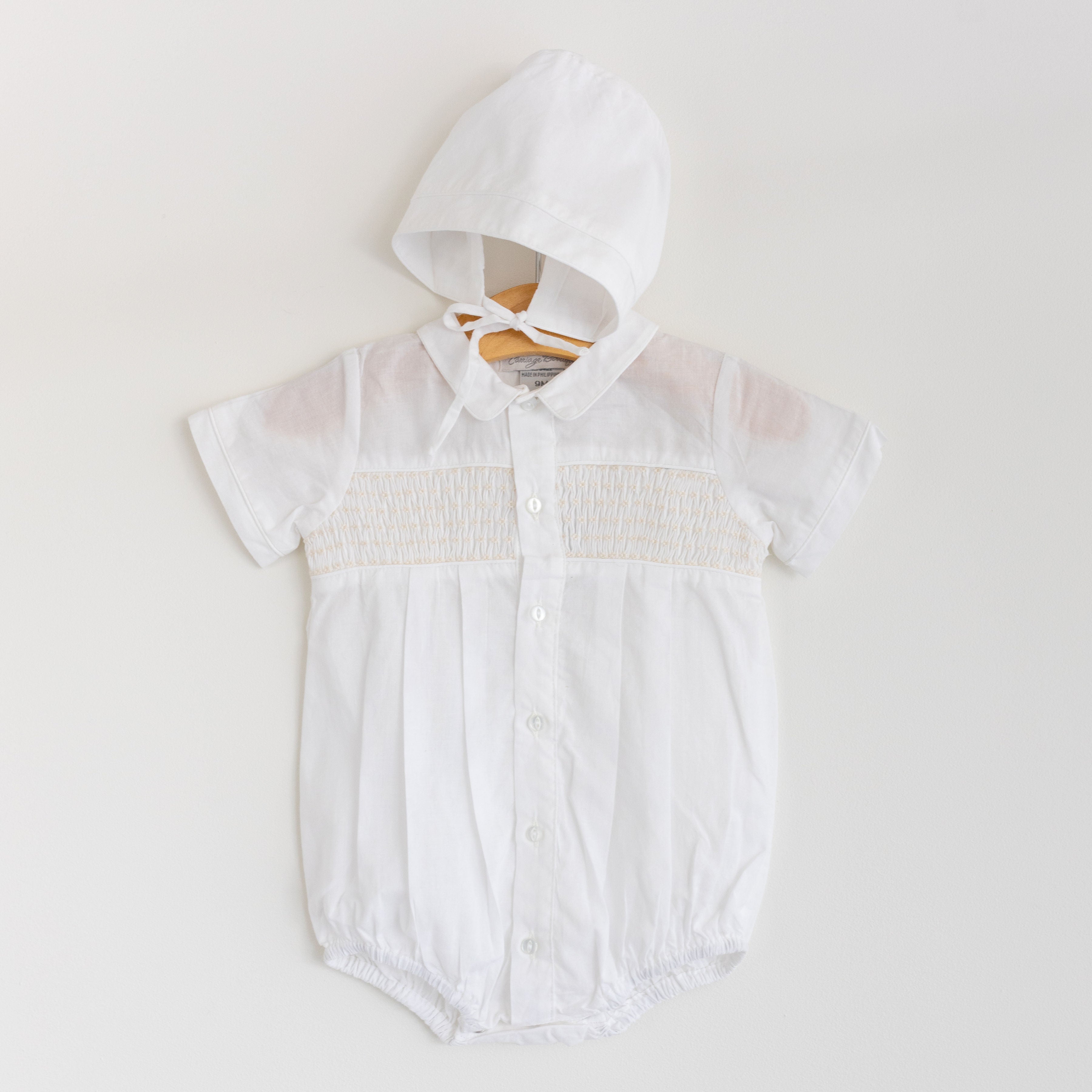 Beige Smocked Bubble and Bonnet